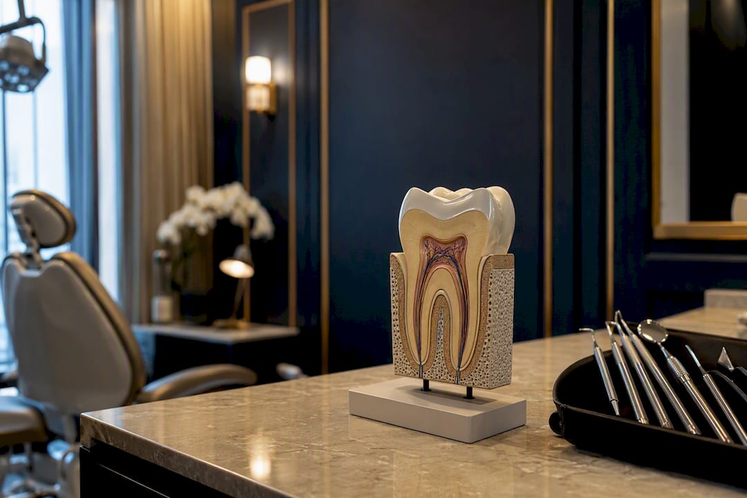 Close-up of dental enamel thickness on tooth model