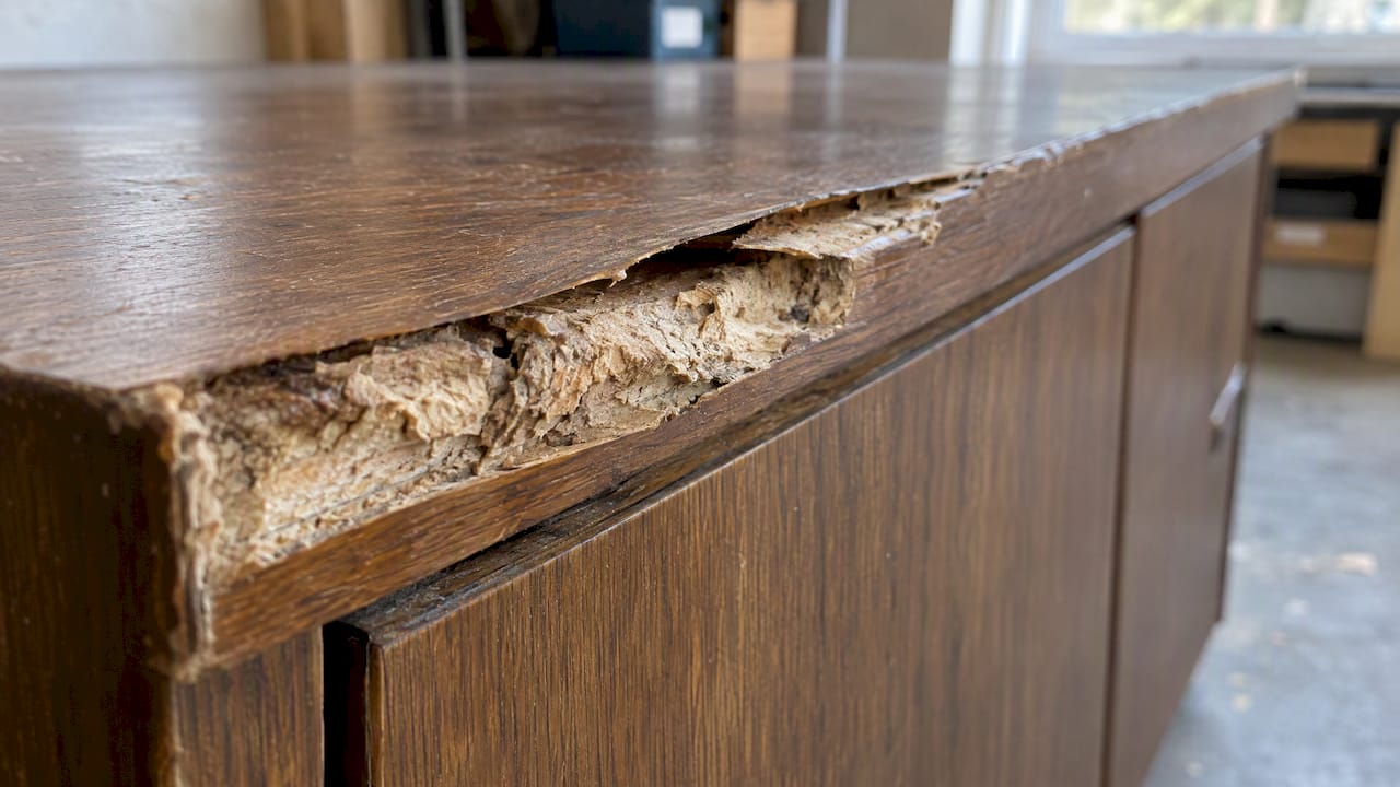 Swollen substrate beneath lifted furniture veneer