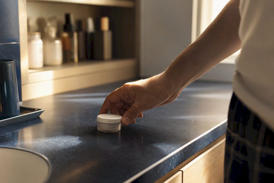 Hand putting down temporary dental cement container